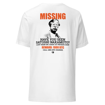 White t-shirt with a graphic of a missing person and text about Satoshi Nakamoto missing on a white background