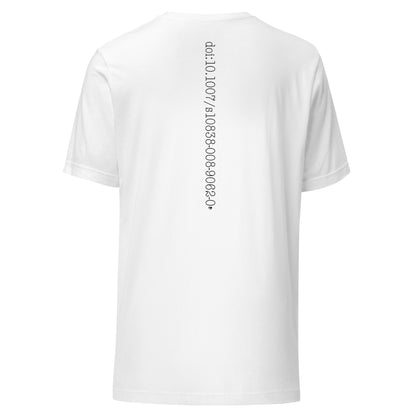 White t-shirt with saotshi's whitepaper doi code text on the back against a white background
