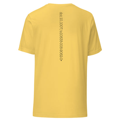 Yellow t-shirt with satoshi's whitepaper doi code  text on the back against a white background