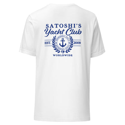 White t-shirt with blue text and graphics satoshi's yacht club on a white background