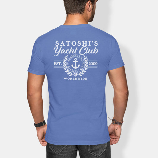 Person wearing a blue t-shirt with 'Satoshi's Yacht Club' text on the back.