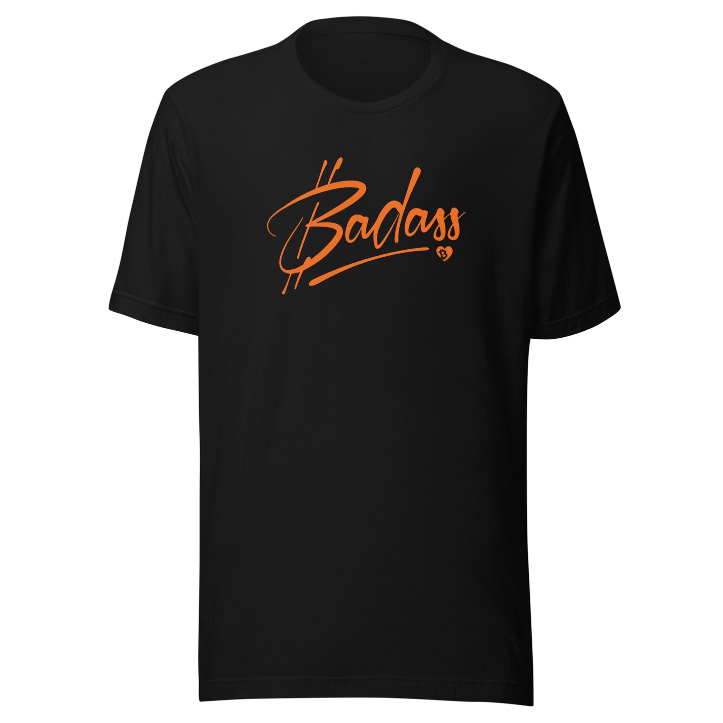 Black t-shirt with 'Badass' in orange on a white background