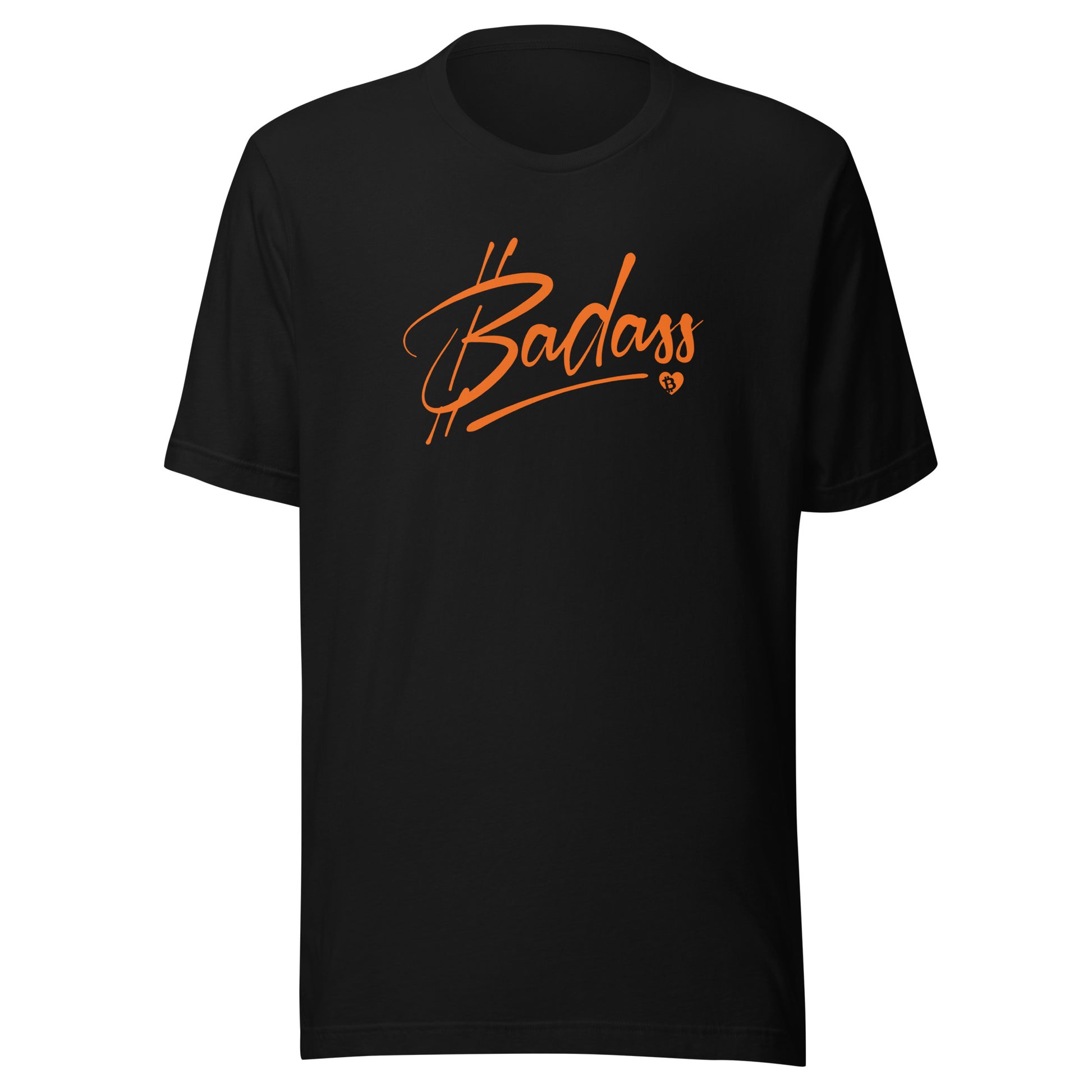 Black t-shirt with 'Badass' in orange on a white background