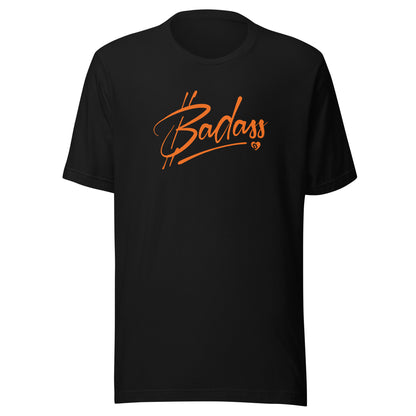 Black t-shirt with 'Badass' in orange on a white background