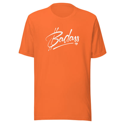 Orange t-shirt with 'Badass' text on a white background