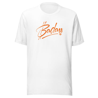 White t-shirt with 'Badass' printed in orange on a white background