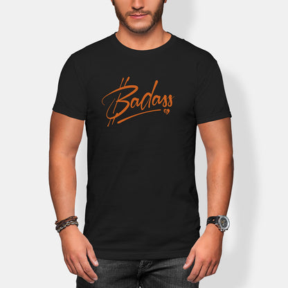 Person wearing a black t-shirt with 'Badass' printed in orange on a white background