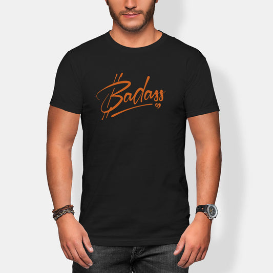 Person wearing a black t-shirt with 'Badass' printed in orange on a white background