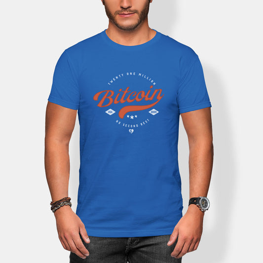 Person wearing a blue t-shirt with Bitcoin design on a white background
