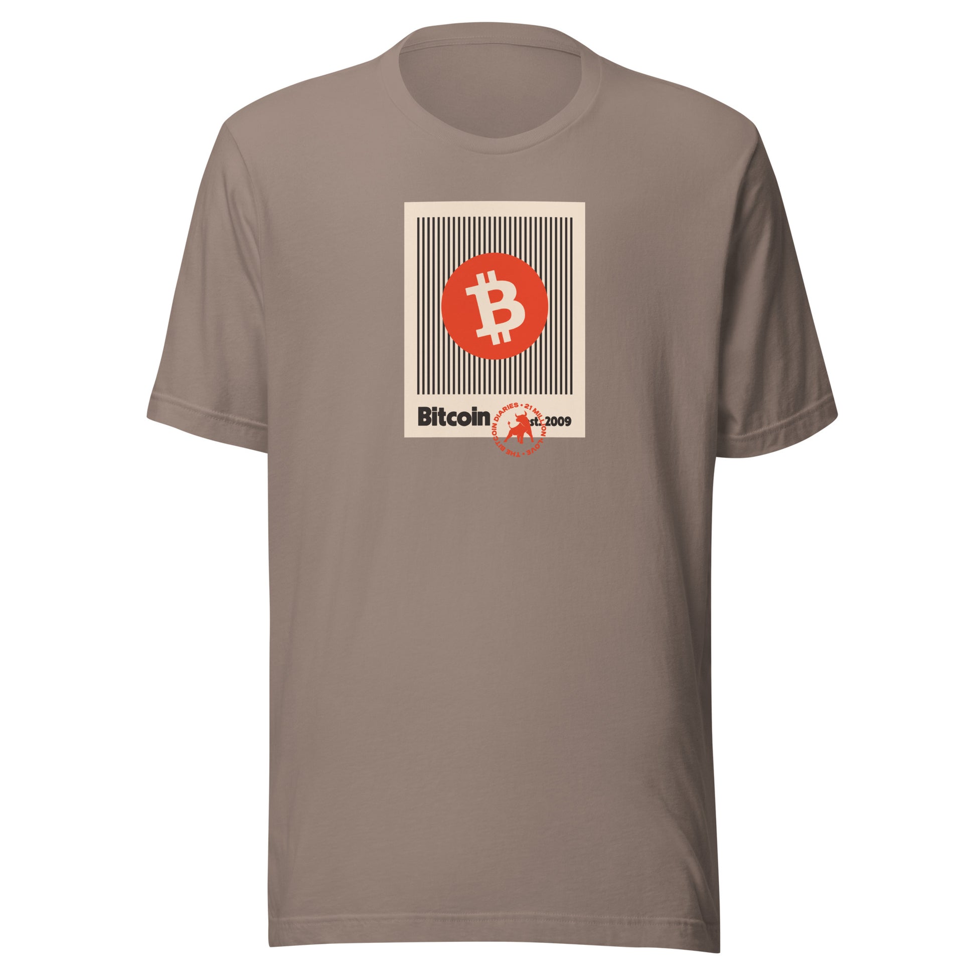 Brown t-shirt with Bitcoin logo and text on a white background