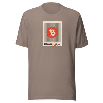 Brown t-shirt with Bitcoin logo and text on a white background