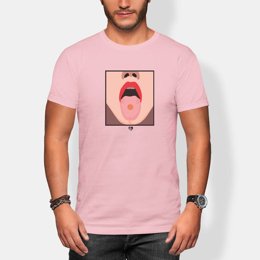 Person wearing a bitcoin betty pink t-shirt with a graphic design on a plain background
