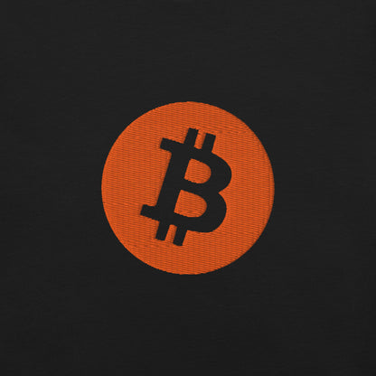 Bitcoin symbol on an orange circle against a black background