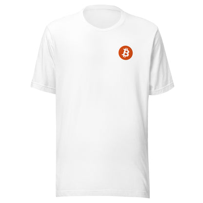 White t-shirt with an orange Bitcoin logo on a white background
