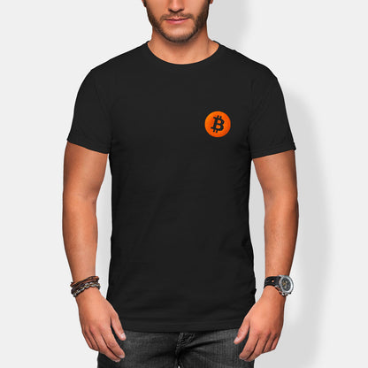 Person wearing a black t-shirt with an orange Bitcoin logo on a white background