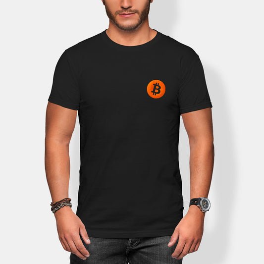 Person wearing a black t-shirt with an orange Bitcoin logo on a white background