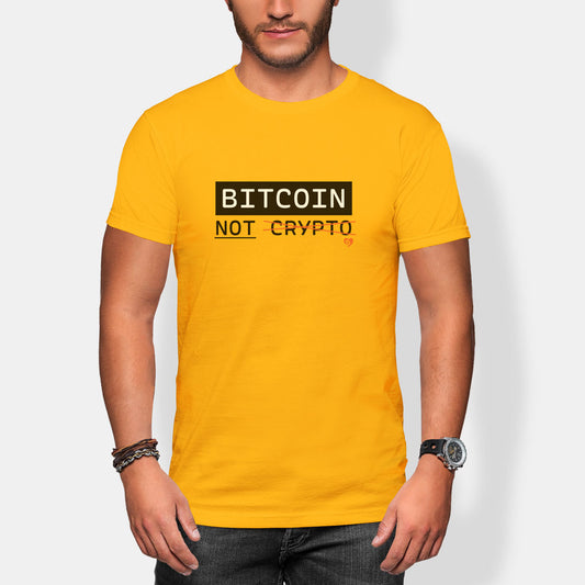 Person wearing a yellow t-shirt with 'BITCOIN NOT CRYPTO' text on a white background
