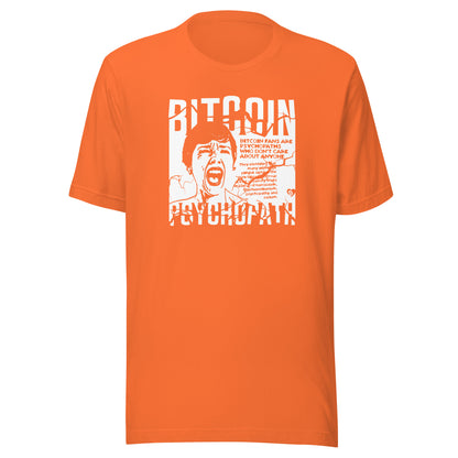 Orange t-shirt with graphic design and text bitcoin psychopath on a white background
