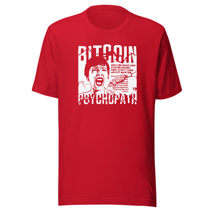 Red t-shirt with white graphic and text bitcoin psychopath on a white background