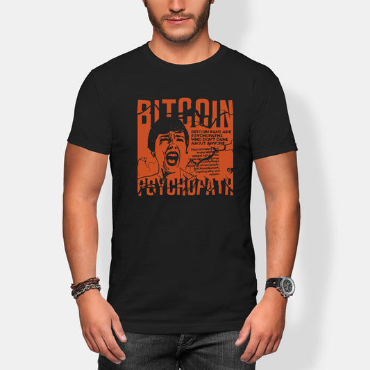 Person wearing a black t-shirt with Bitcoin Psychopath graphic design.