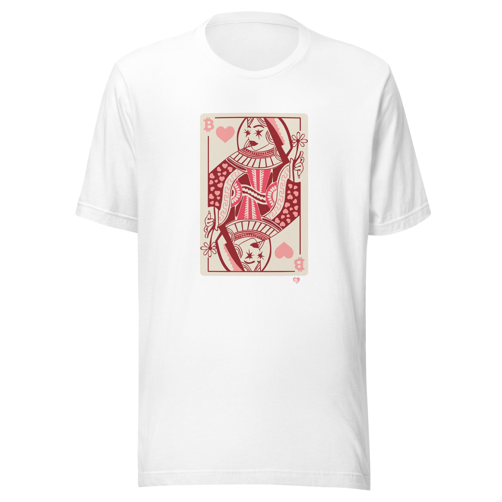 White t-shirt with a red and white bitcoin queen playing card graphic design on a white background