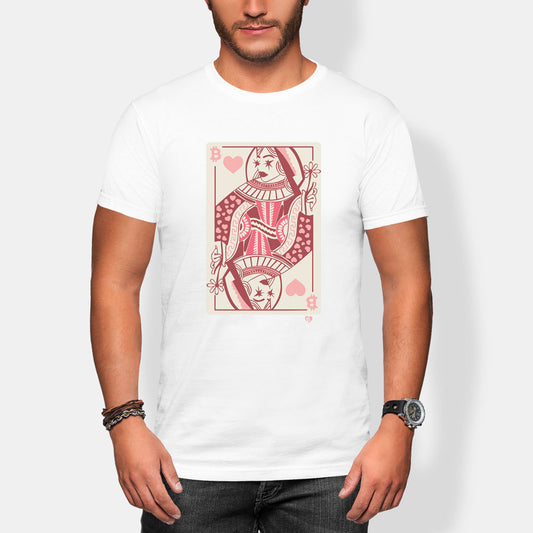 Person wearing a white t-shirt with a red queen playing card design on a plain background