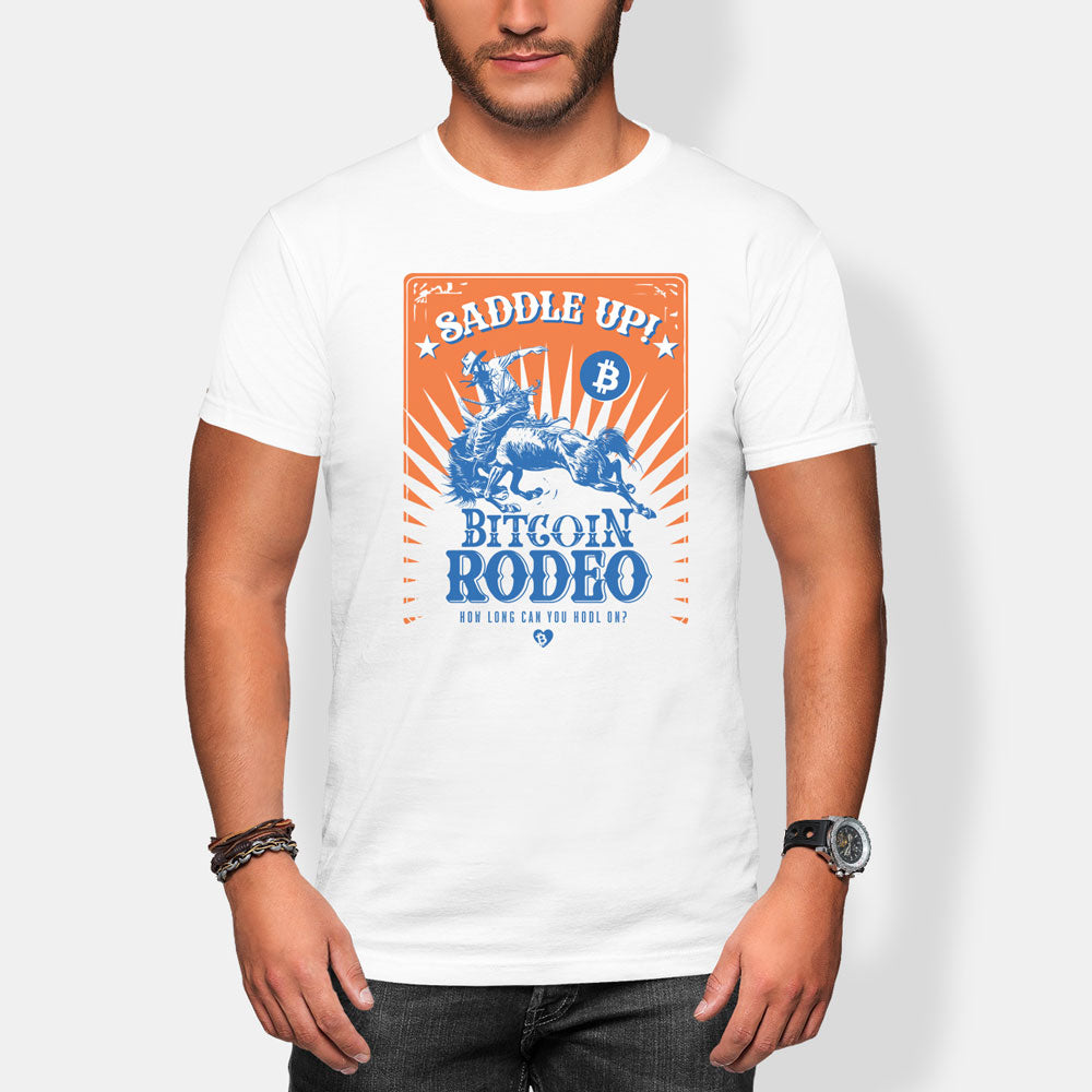 Person wearing a white t-shirt with a Bitcoin rodeo graphic design.