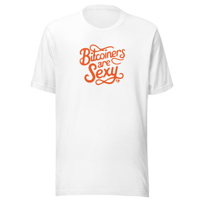 White t-shirt with orange text 'Bitcoiners are Sexy' on a white background