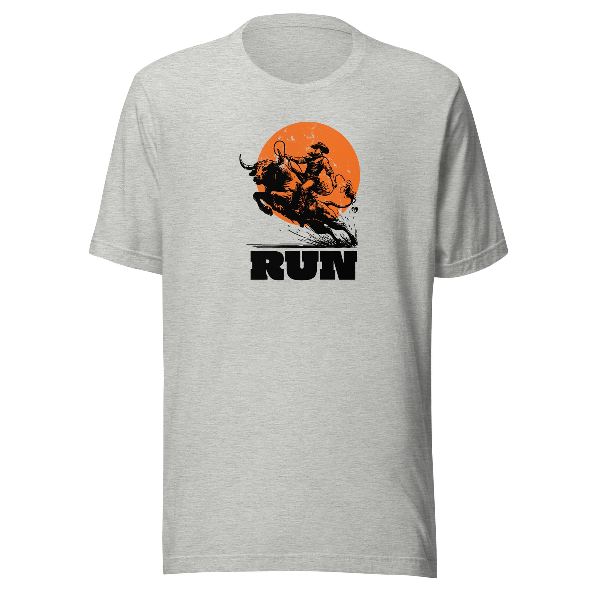 Gray t-shirt with a graphic of a person running and an orange circle on a white background