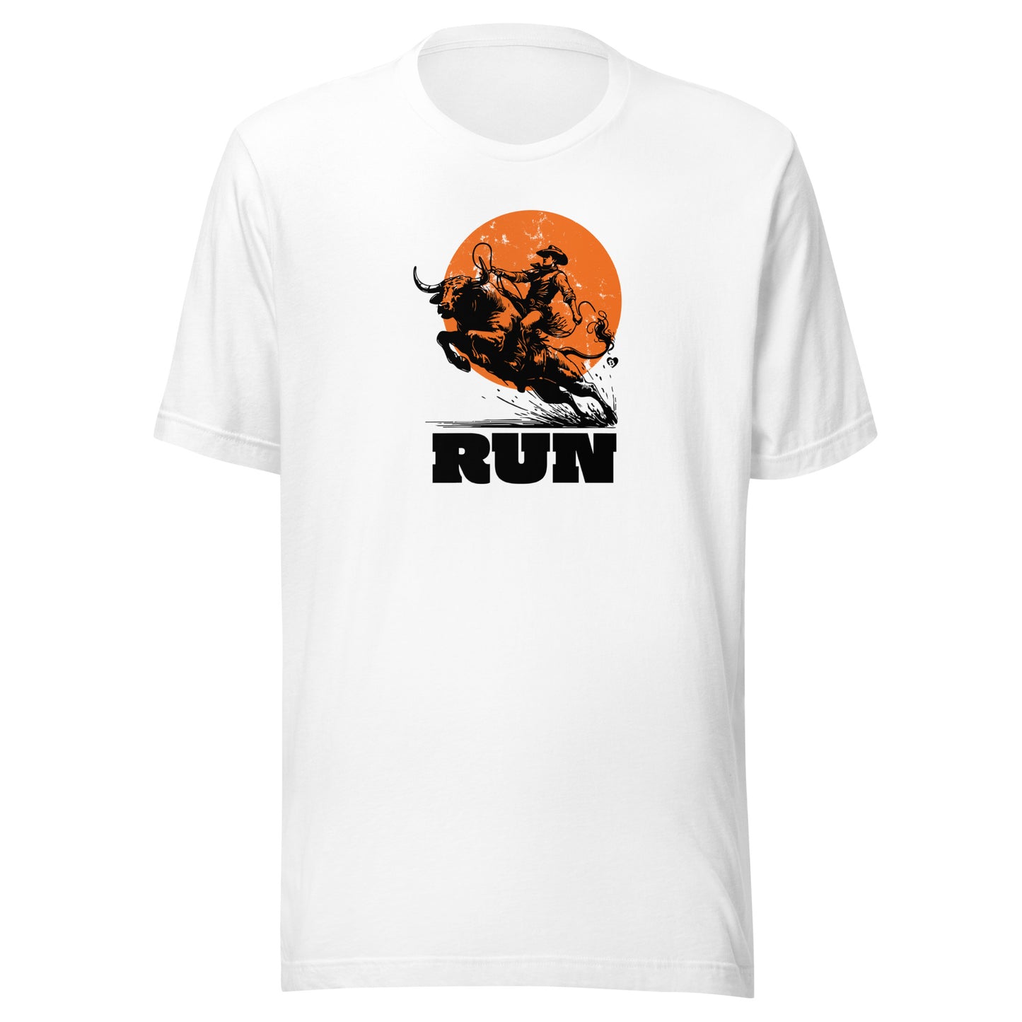 White t-shirt with a graphic design of a person running and an orange circle in the center - bull run - on a white background.