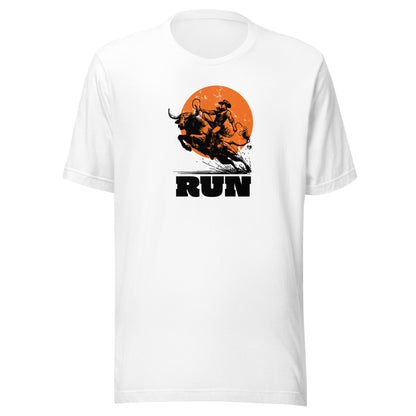 White t-shirt with a graphic design of a person running and an orange circle in the center - bull run - on a white background.
