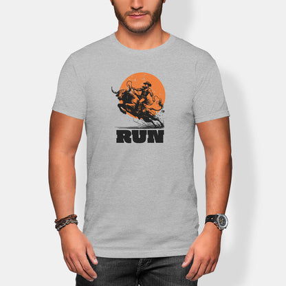 Person wearing a gray t-shirt with a graphic design and the word 'RUN'.