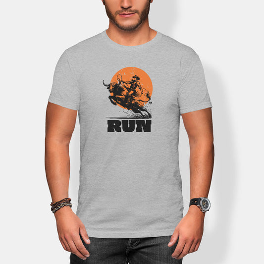 Person wearing a gray t-shirt with a graphic design and the word 'RUN'.