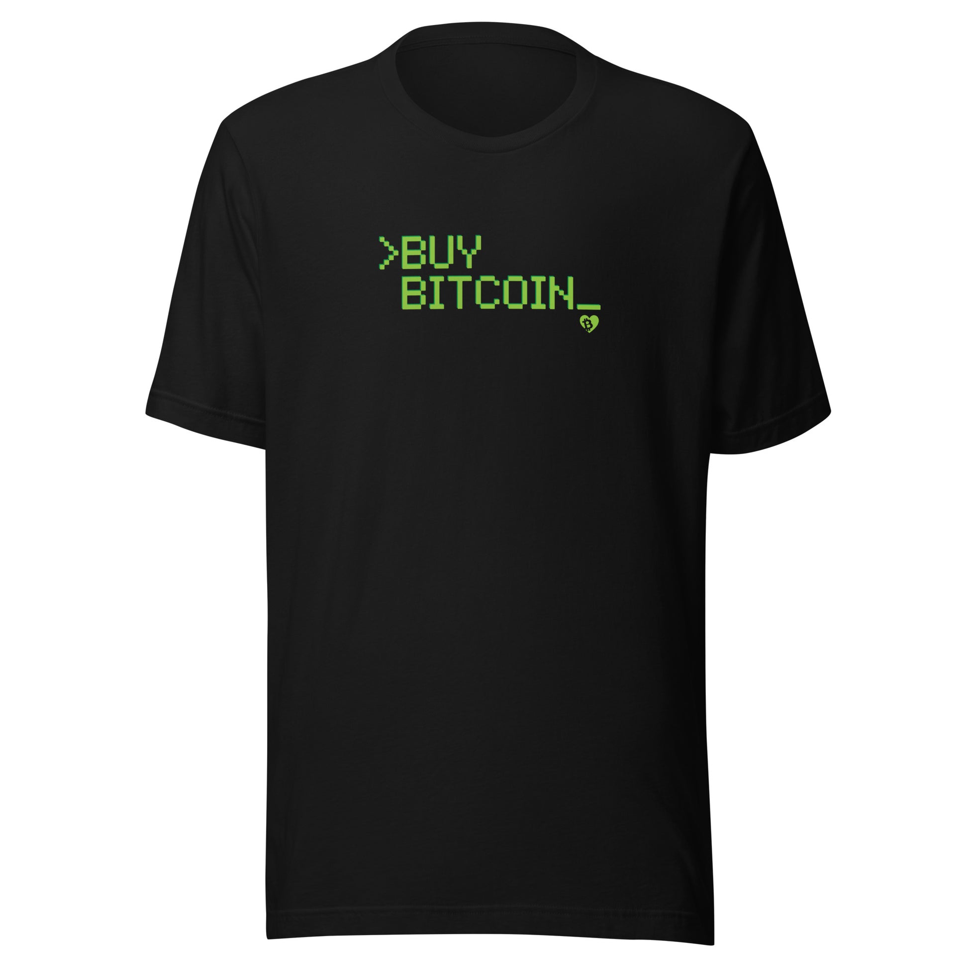 Black t-shirt with green text 'BUY BITCOIN' on a white background