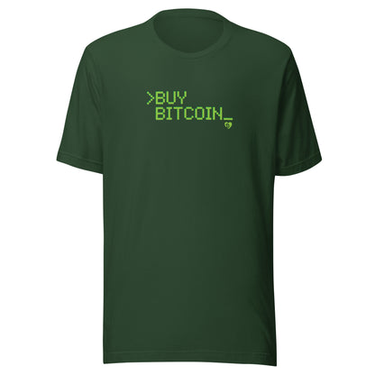 Green t-shirt with digital 'BUY BITCOIN' text on a white background