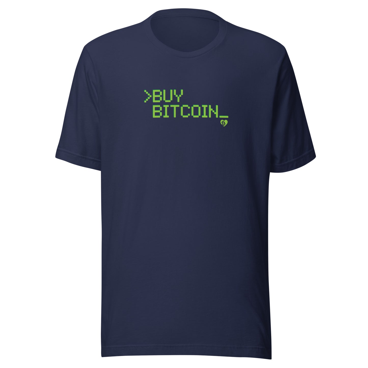 Navy blue t-shirt with green text 'BUY BITCOIN' on a white background