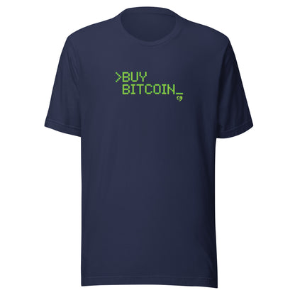 Navy blue t-shirt with green text 'BUY BITCOIN' on a white background