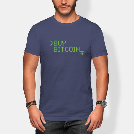 Person wearing a blue t-shirt with green text 'BUY BITCOIN' on a white background
