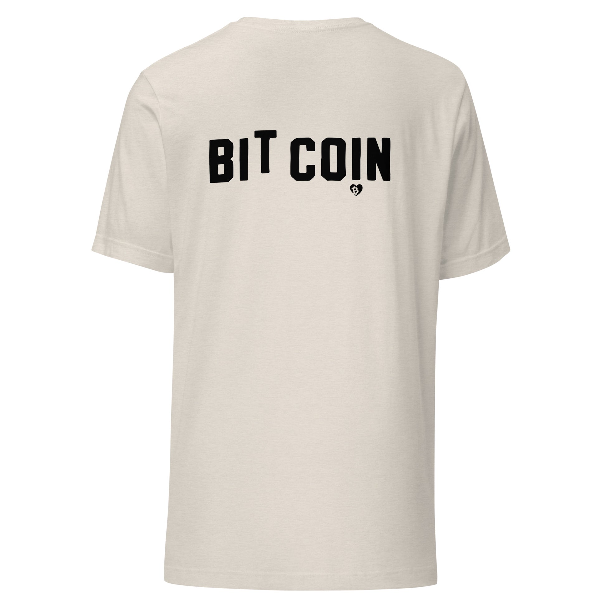Beige t-shirt with 'BIT COIN' printed on the back against a white background