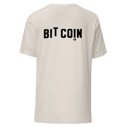 Beige t-shirt with 'BIT COIN' printed on the back against a white background