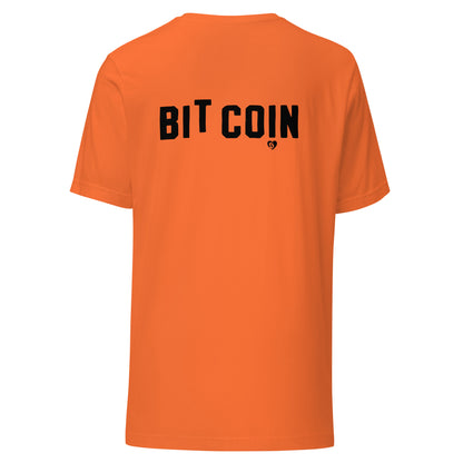 Orange t-shirt with 'BIT COIN' printed on the back against a white background
