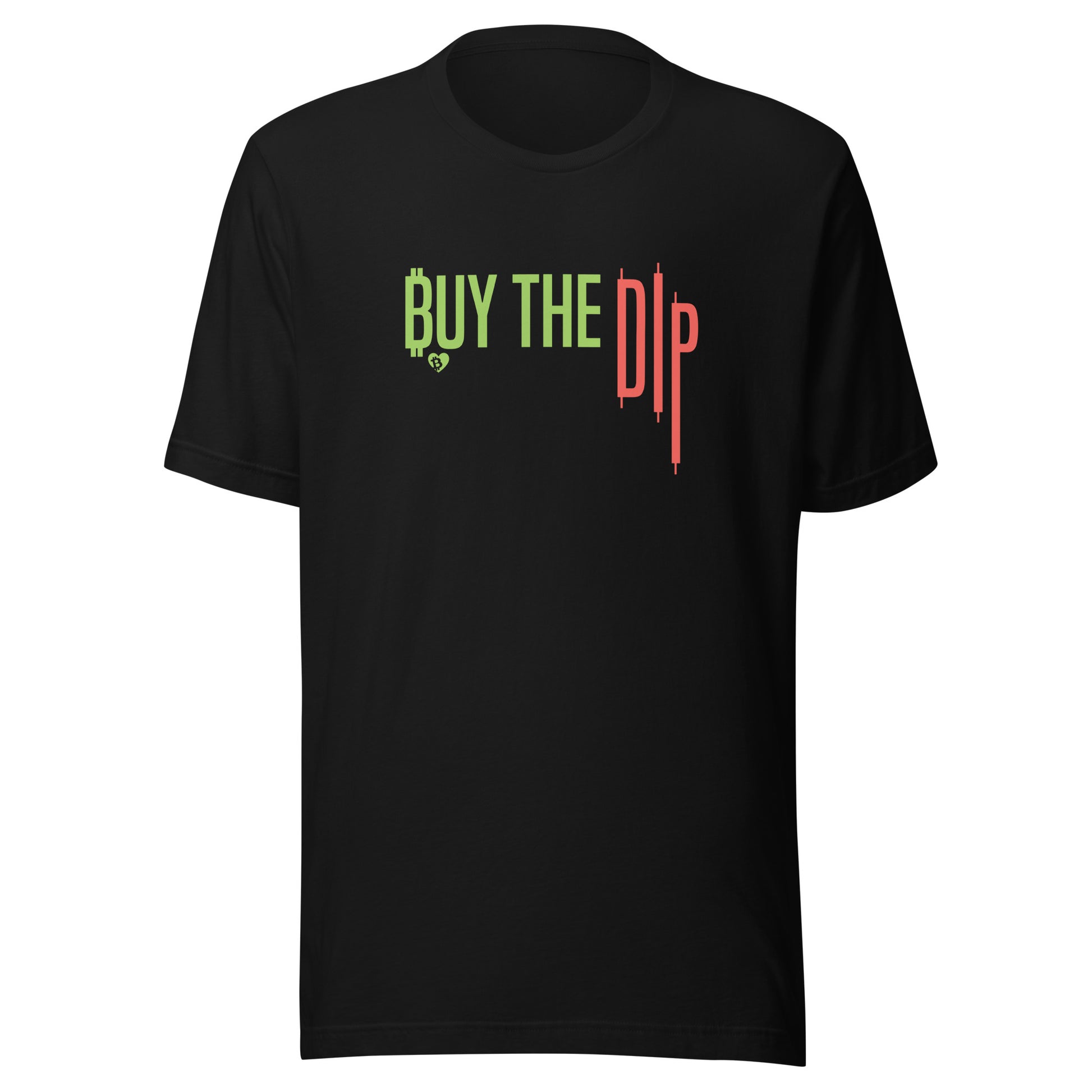 Black t-shirt with 'BUY THE DIP' text in green and red on a white background