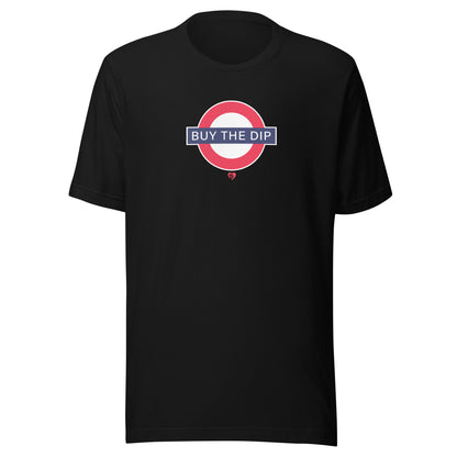 Black t-shirt with a graphic design 'buy the dip' on a white background