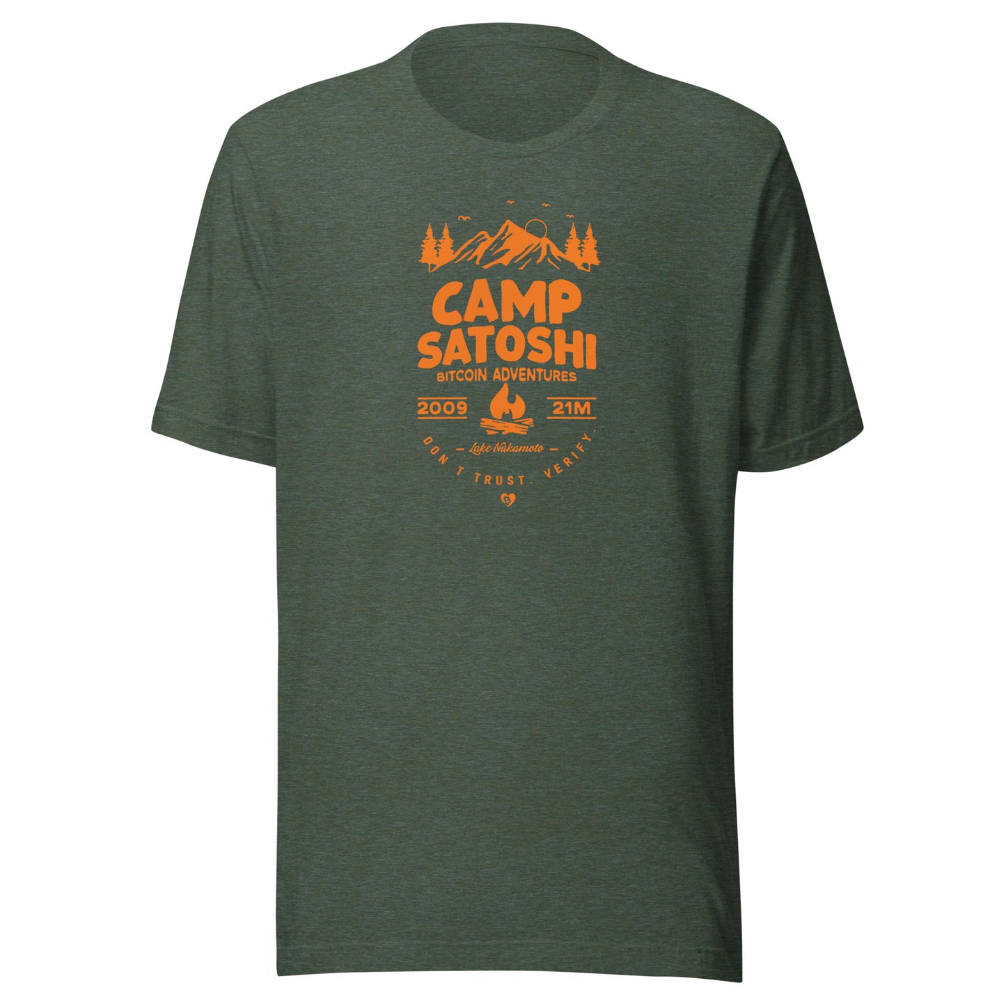 Green t-shirt with orange 'Camp Satoshi' graphic on a white background