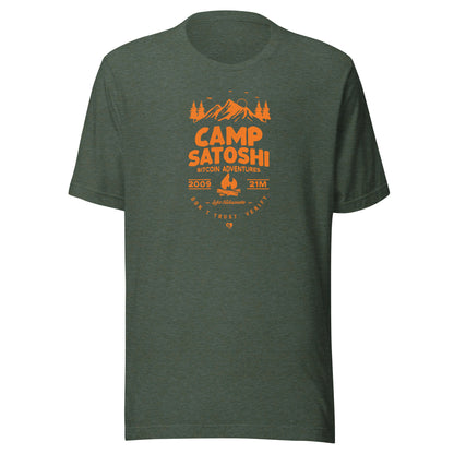 Green t-shirt with orange 'Camp Satoshi' graphic on a white background