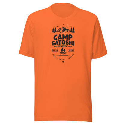 Orange t-shirt with black graphic camp satoshi design on a white background