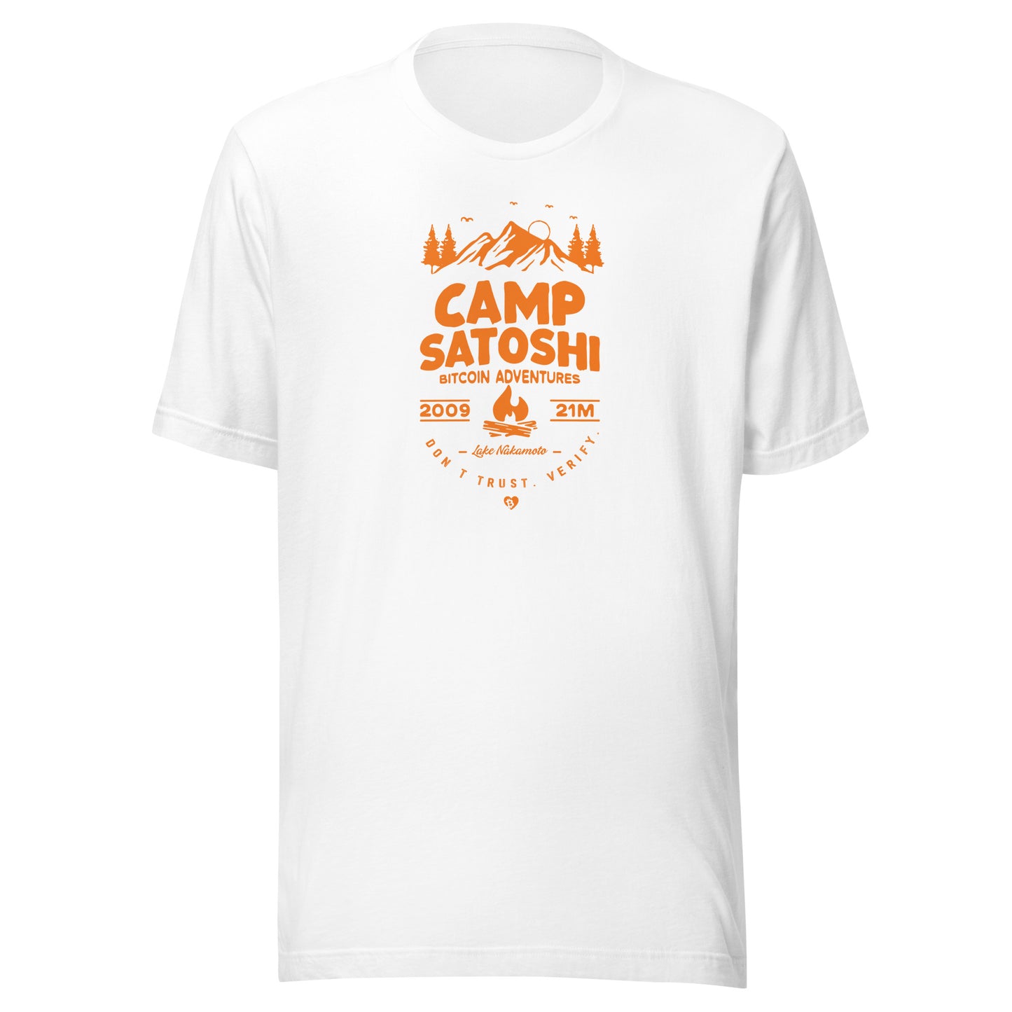 White t-shirt with orange 'Camp Satoshi' graphic on a white background