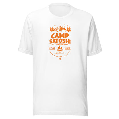 White t-shirt with orange 'Camp Satoshi' graphic on a white background