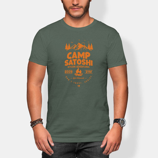 Person wearing a green t-shirt with 'Camp Satoshi' graphic design on a white background