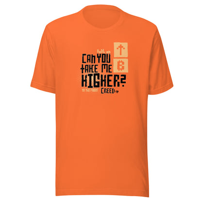 Orange t-shirt with black text and graphics can you take me higher? on a white background